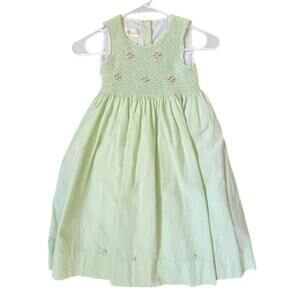 Vintage Strasburg Smocked Dress in Green Seersucker with Pink Roses - 5